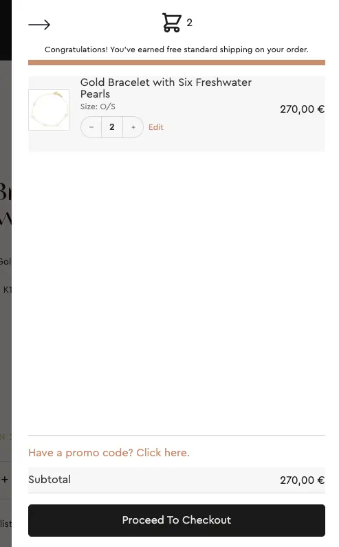 Merci Jewelry brings in a free shipping threshold within the cart drawer to reduce jewelry cart abandonmente
