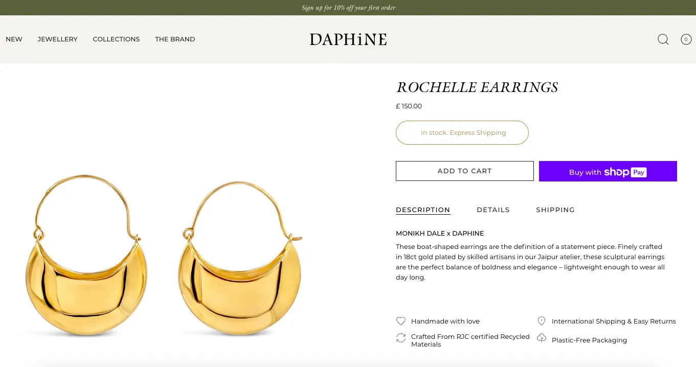 Daphine features Shop Pay as secondary CTA for reducing jewelry cart abandoners