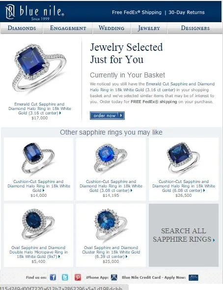 Blue Nile jewelry cart abandonment email example