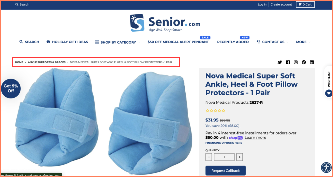 Senior leaves navigational breadcrumbs to help senior shoppers know their location on the site