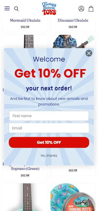 Intrusive welcome pop-up from a Shopify Store