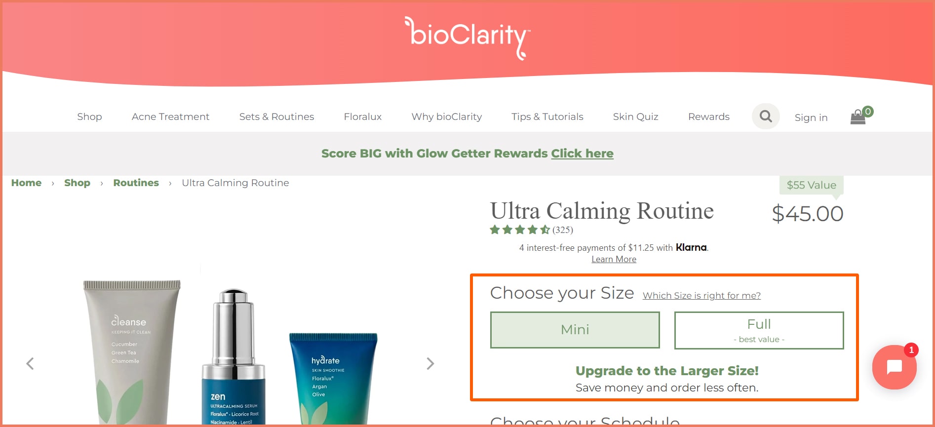 Product size CTA button as visual cue
