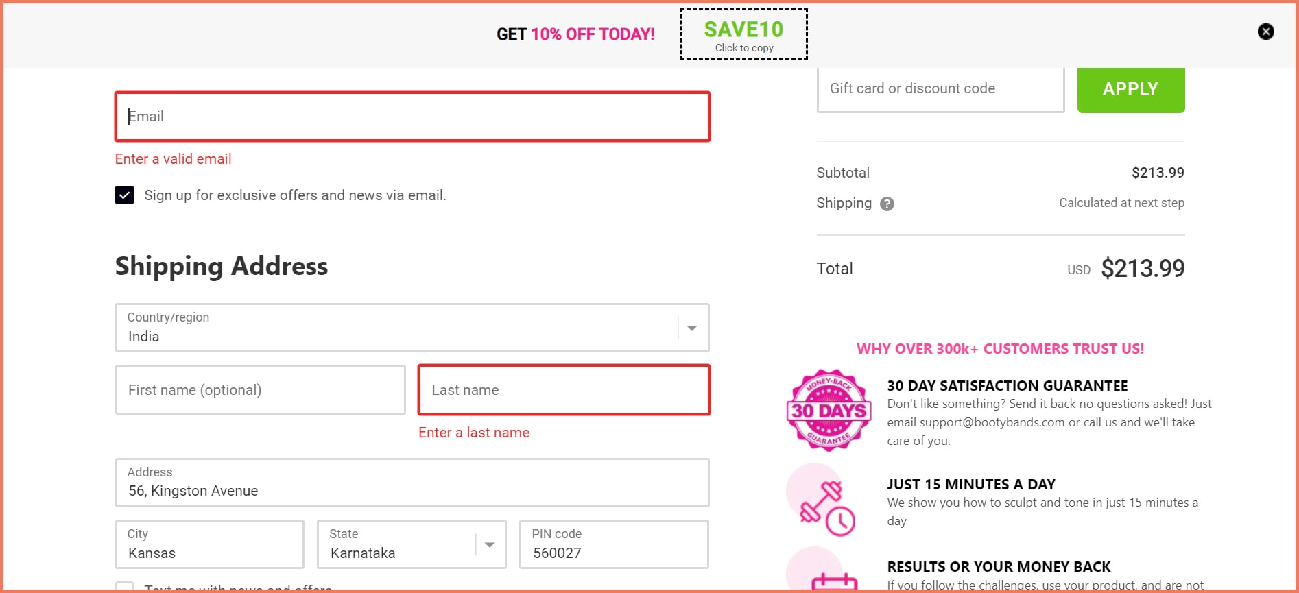 Error cues as a visual cue on checkout form