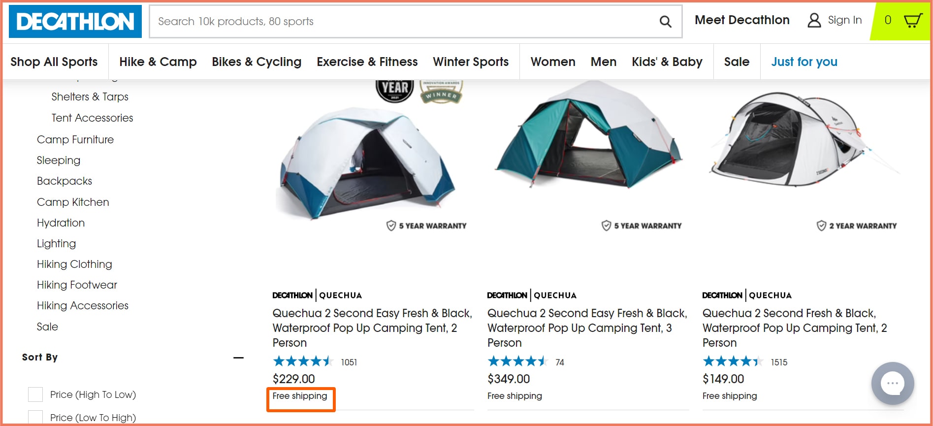 Free Shipping as visual cue on product category page