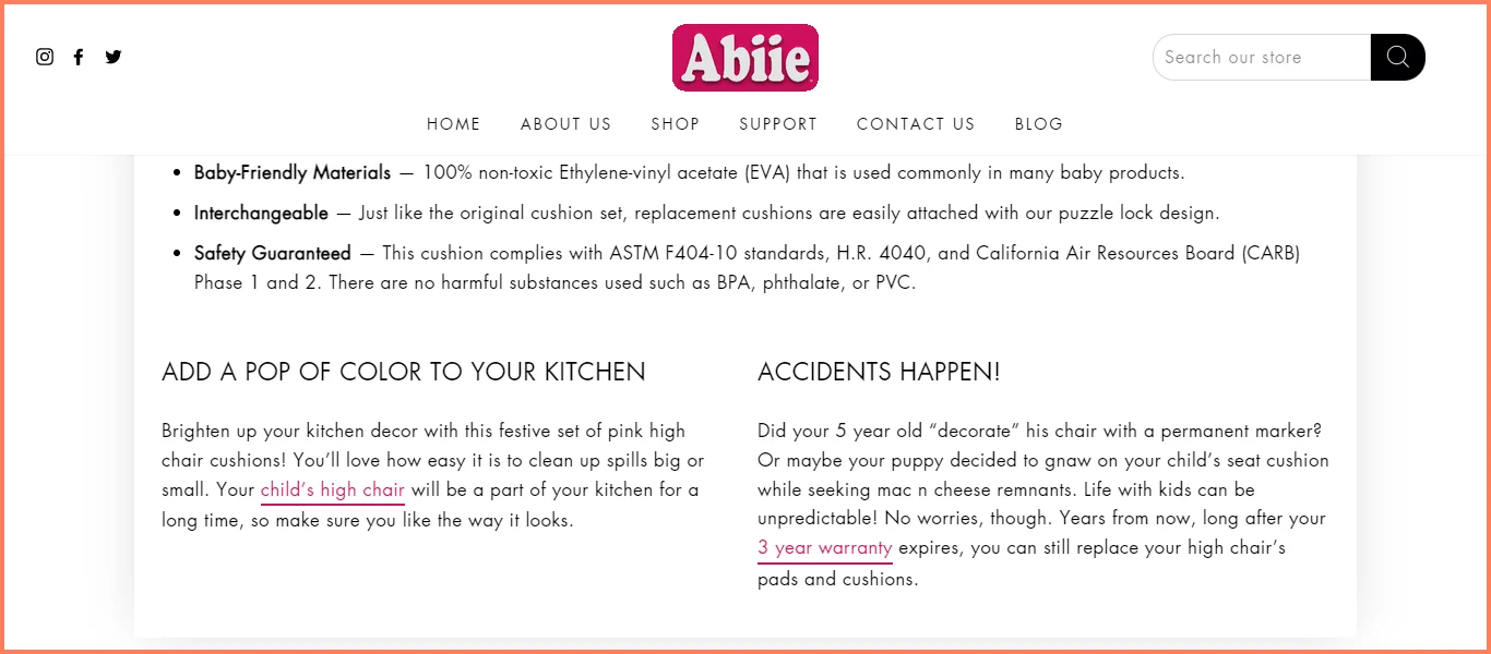 Abiie offers clear information on returns and refunds in their WooCommerce product page design