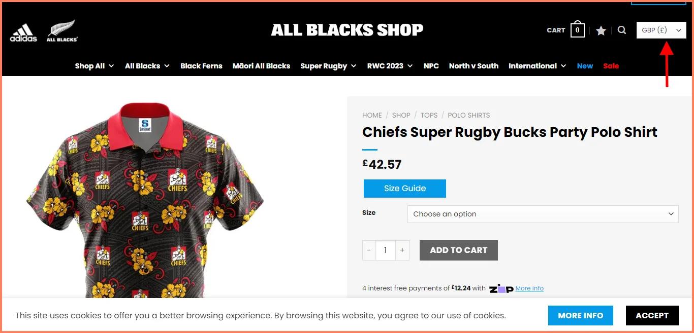 All Blacks Shop features a currency converter in their WooCommerce product page template designc