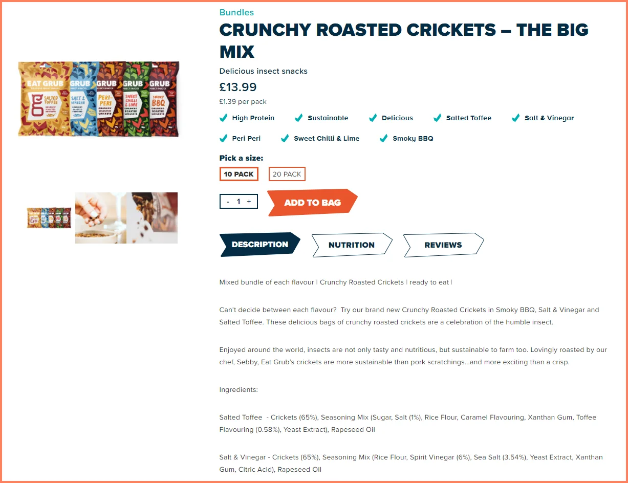 Eat Grub WoCommerce product page design puts the content into separate sections
