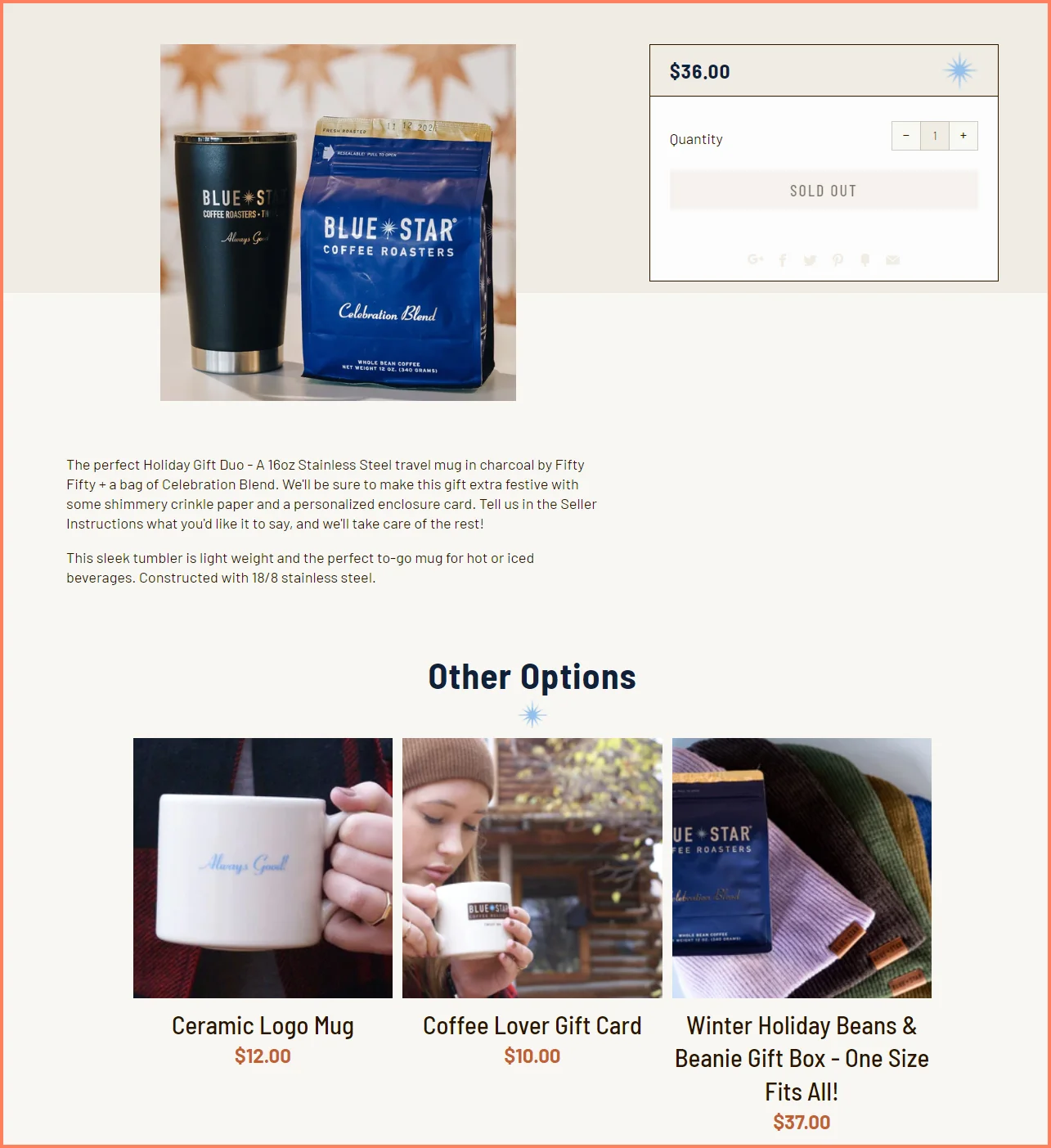 Blue Star Coffee product page template specifies out of stock products