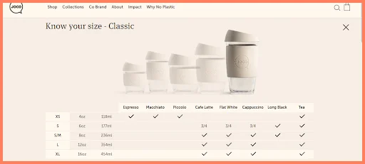 Jococups uses a WooCommerce product page design that makes product comparison easy