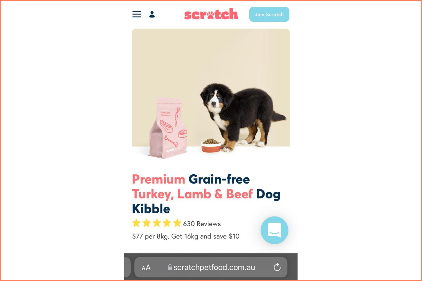 Scratch Pet Food offers a clean mobile experience through their WooCommerce product page optimization