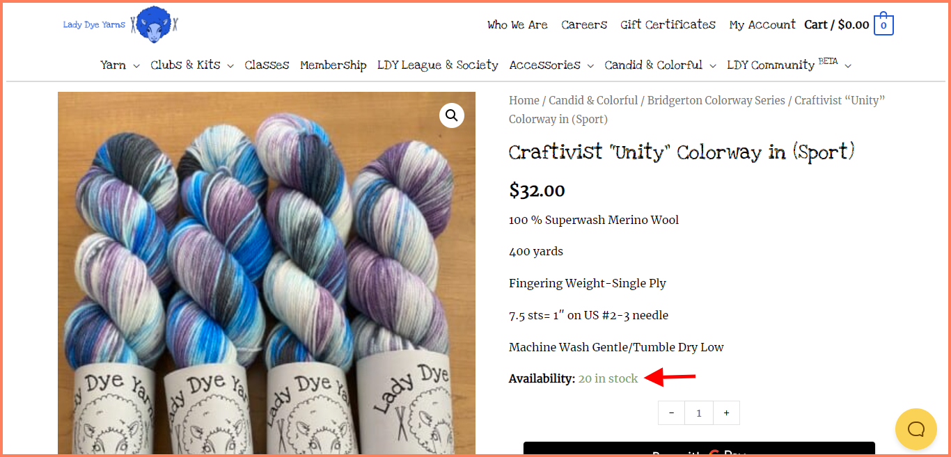 Lady Dye Yarn shows scarcity nudges in their WooCommerce product page template