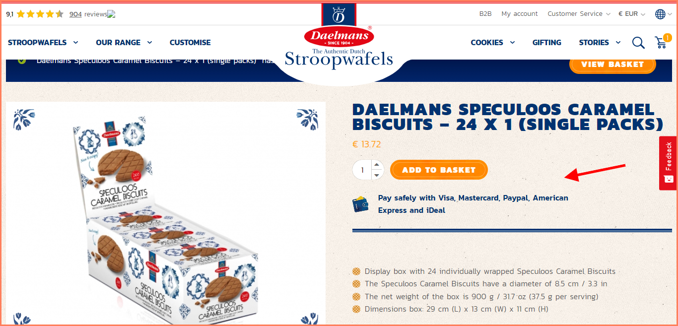 Daelman's shows multiple payment options in their WooCommerce product page design to enable conversions