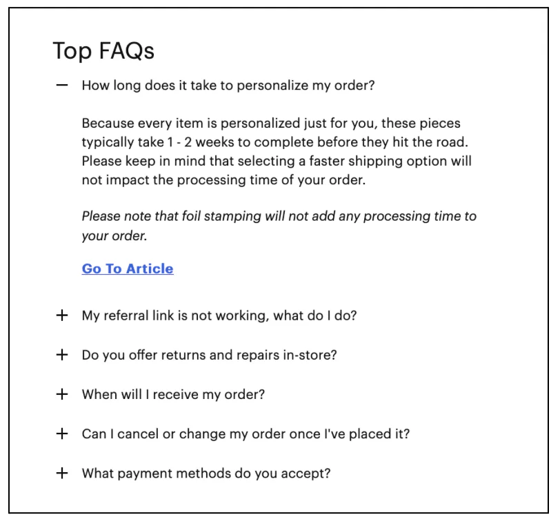 eCommerce FAQs anwsered in a short manner with an option for a more detailed answer | ecommerce faq questions and answers | ecommerce faqs | faq ecommerce example | faq page ecommerce