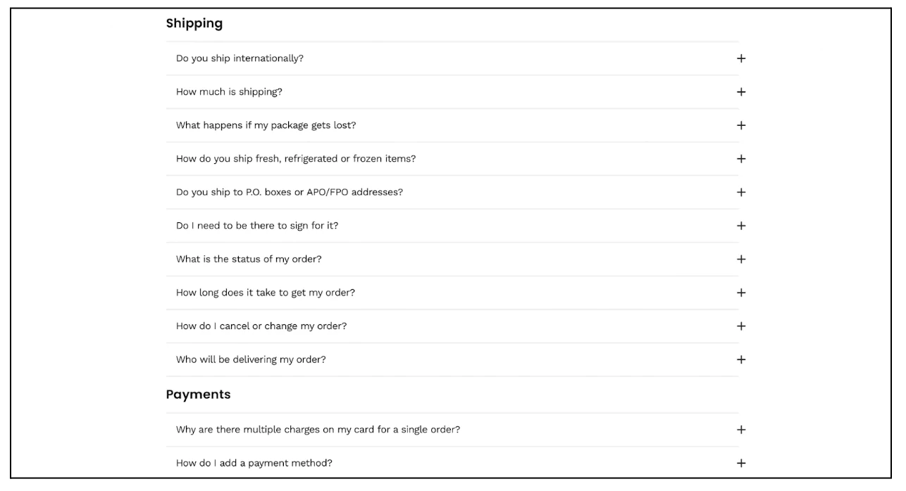different formats of ecommerce FAQ page - collapsable | ecommerce faq questions and answers | ecommerce faqs | faq ecommerce example | faq page ecommerce