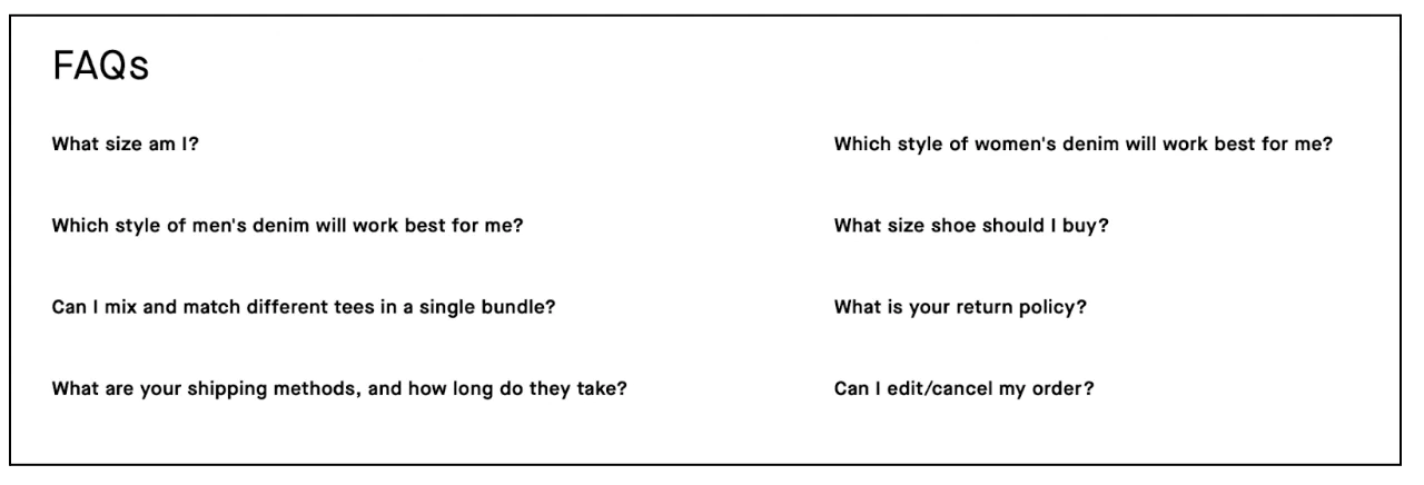different formats of ecommerce FAQ page - links to questions | ecommerce faq questions and answers | ecommerce faqs | faq ecommerce example | faq page ecommerce