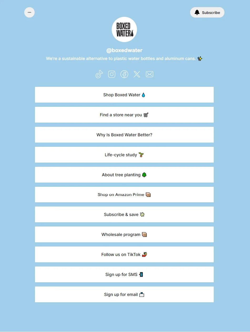 Boxed Water's LinkTree showing FAQ