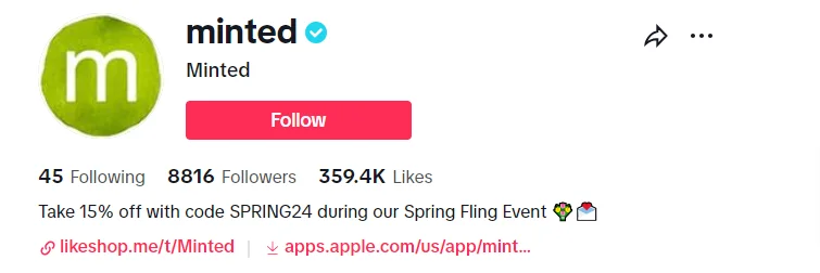 Minted's optimized TikTok profile