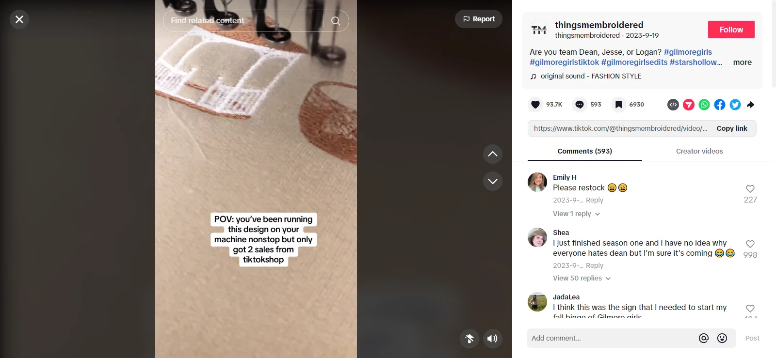 @thingsmembroidered calling back to Gilmore Girls through their TikTok