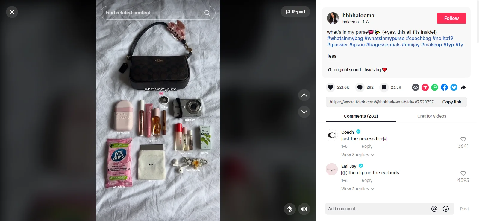 A What's In My Purse video from a creator who features multiple brands such as Emi & Jay, and Coach
