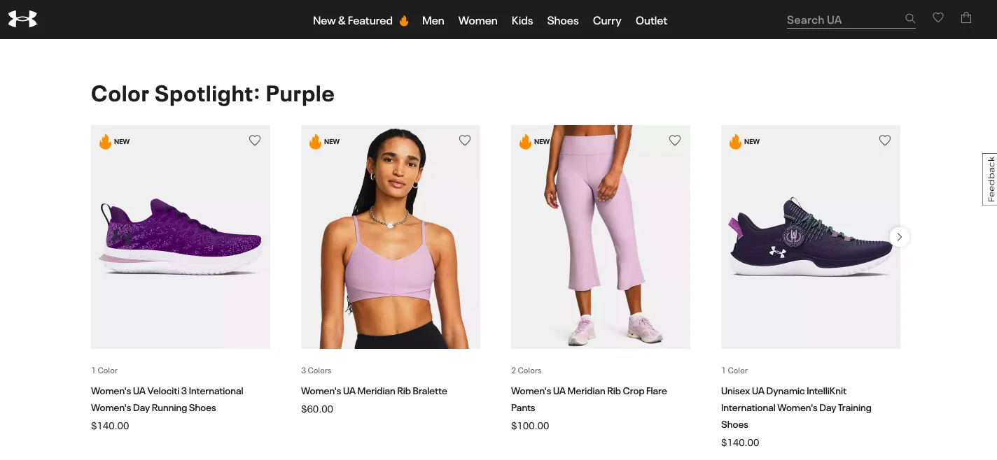 Under Armour features several categories under one theme on the homepage to increase online sports conversion rate
