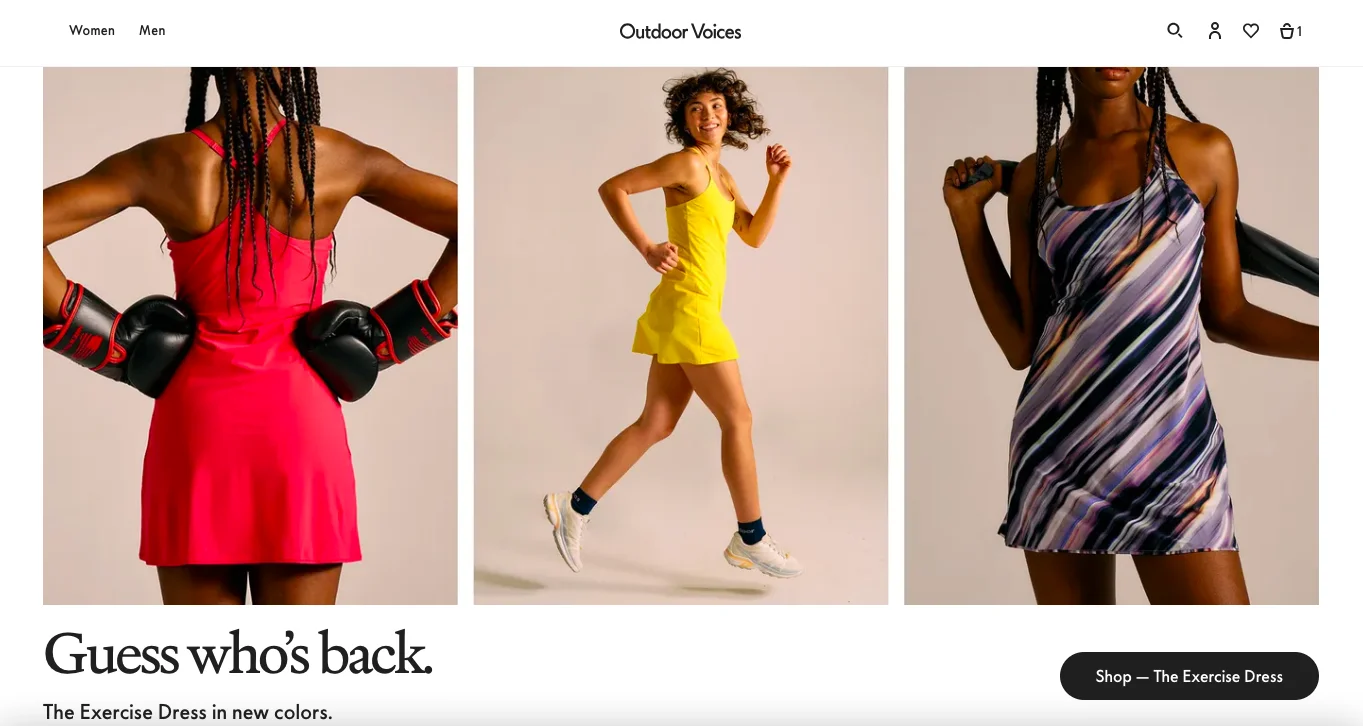 Outdoor Voices homepage hero product display to drive online sports store conversion rate
