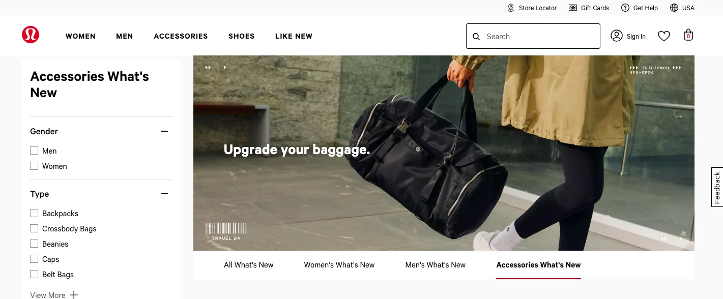 Luluemon separate what's new category page online sports store conversion strategy