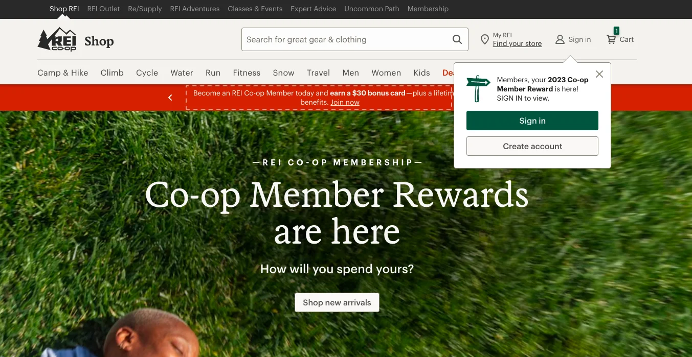 REI homepage loyalty program nudge to inspire better sports store conversions