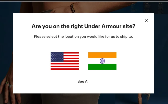 Under Armour homepage geolocation pop-up to improve sports eCommerce conversion rate