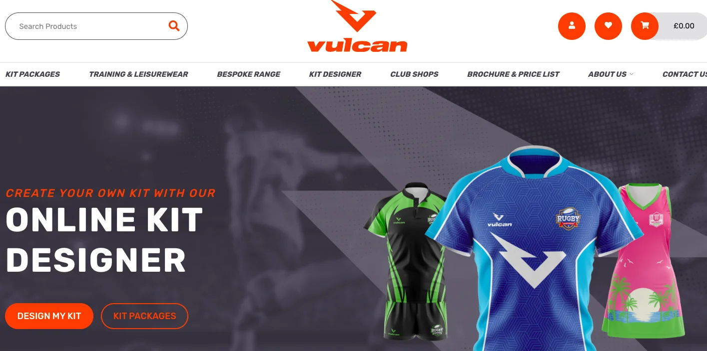 Vulcan Sports homepage kit designing feature drives sports eCommerce conversions