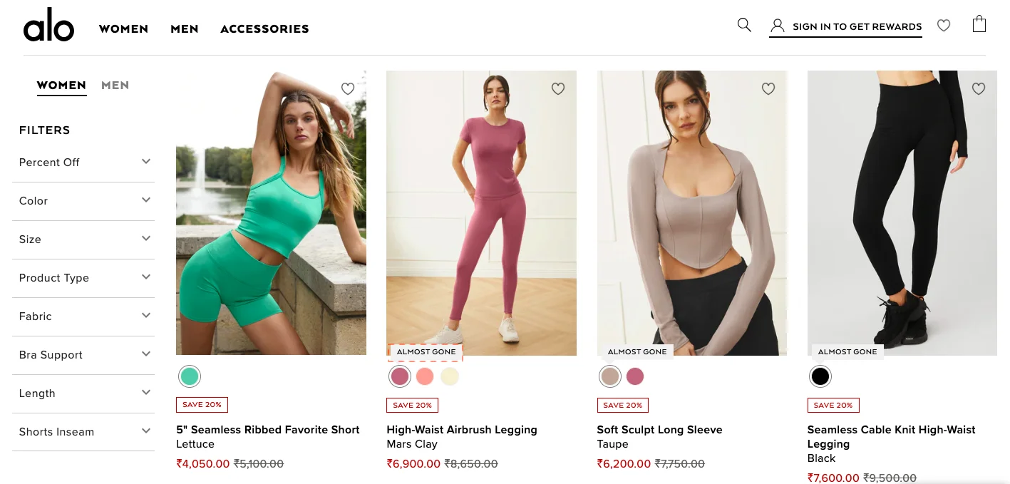 Alo Yoga category page almost gone nudge to increase sports eCommerce conversion rate