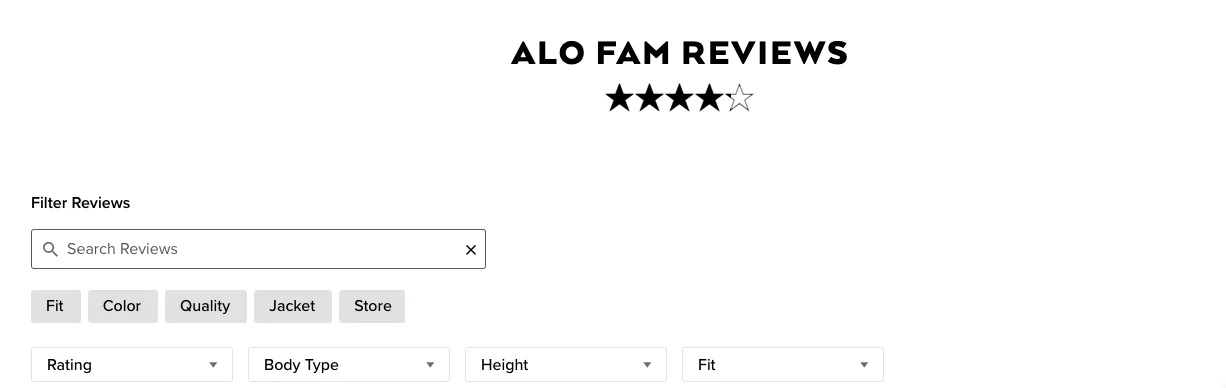 Alo Yoga features a search bar in their product page reviews section