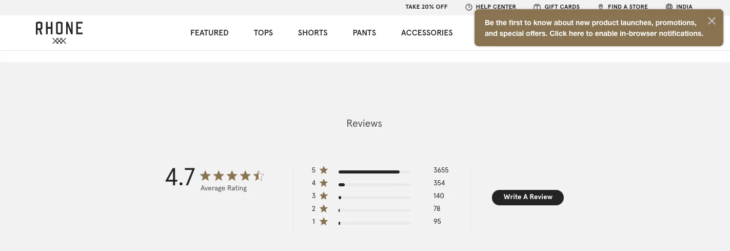 Rhone features a review snapshot to improve engagement and conversions