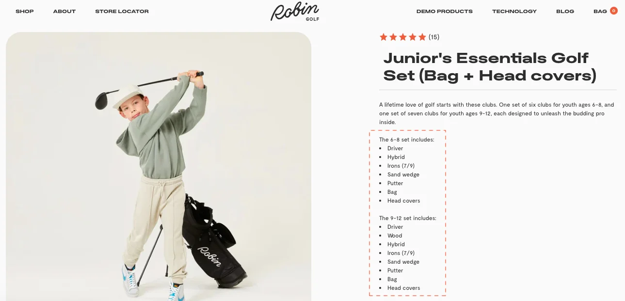Robin Golf product page bundle component specification to drive trust and increase conversions
