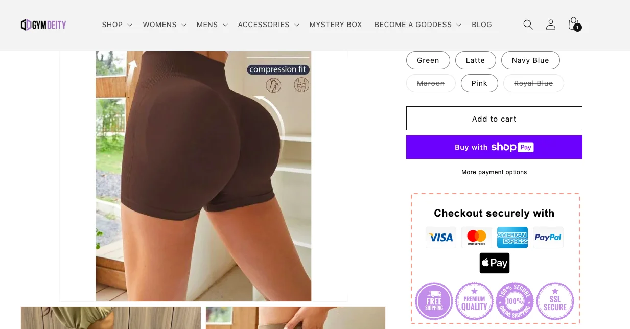 Gym Deity features payment trust seals on the product page to improve sports goods conversions