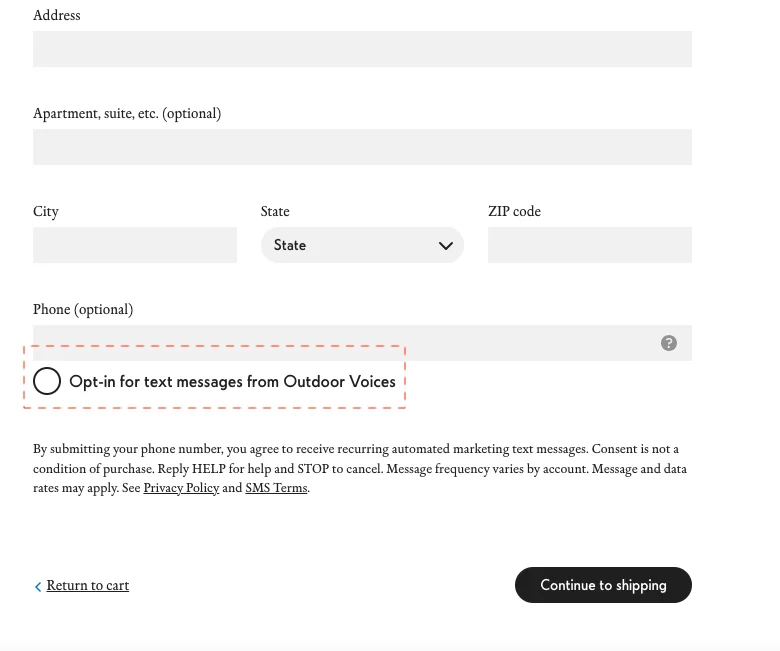 Outdoor Voices highlights the marketing material opt-in message to build customer trust at checkout