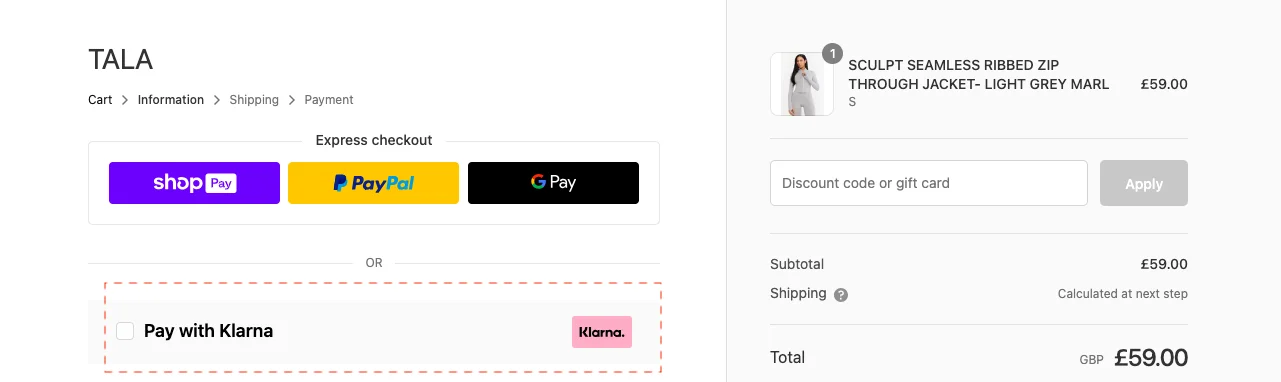 TALA BNPL payment nudge on checkout page to increase sports store conversion rate