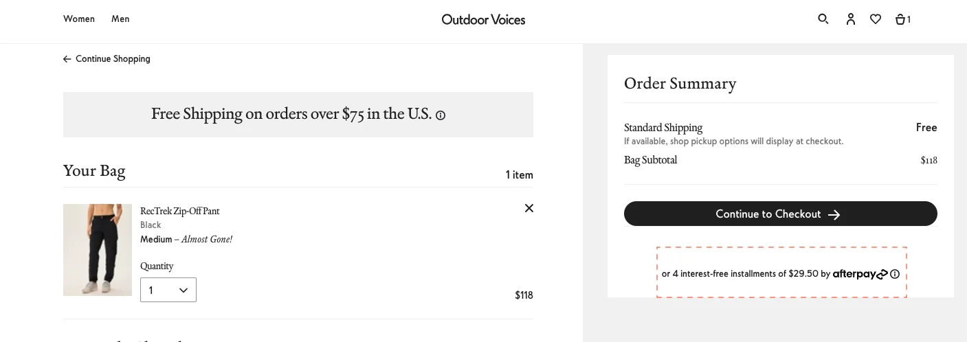 Outdoor Voices features a BNPL payment nudge on their cart page to improve conversions