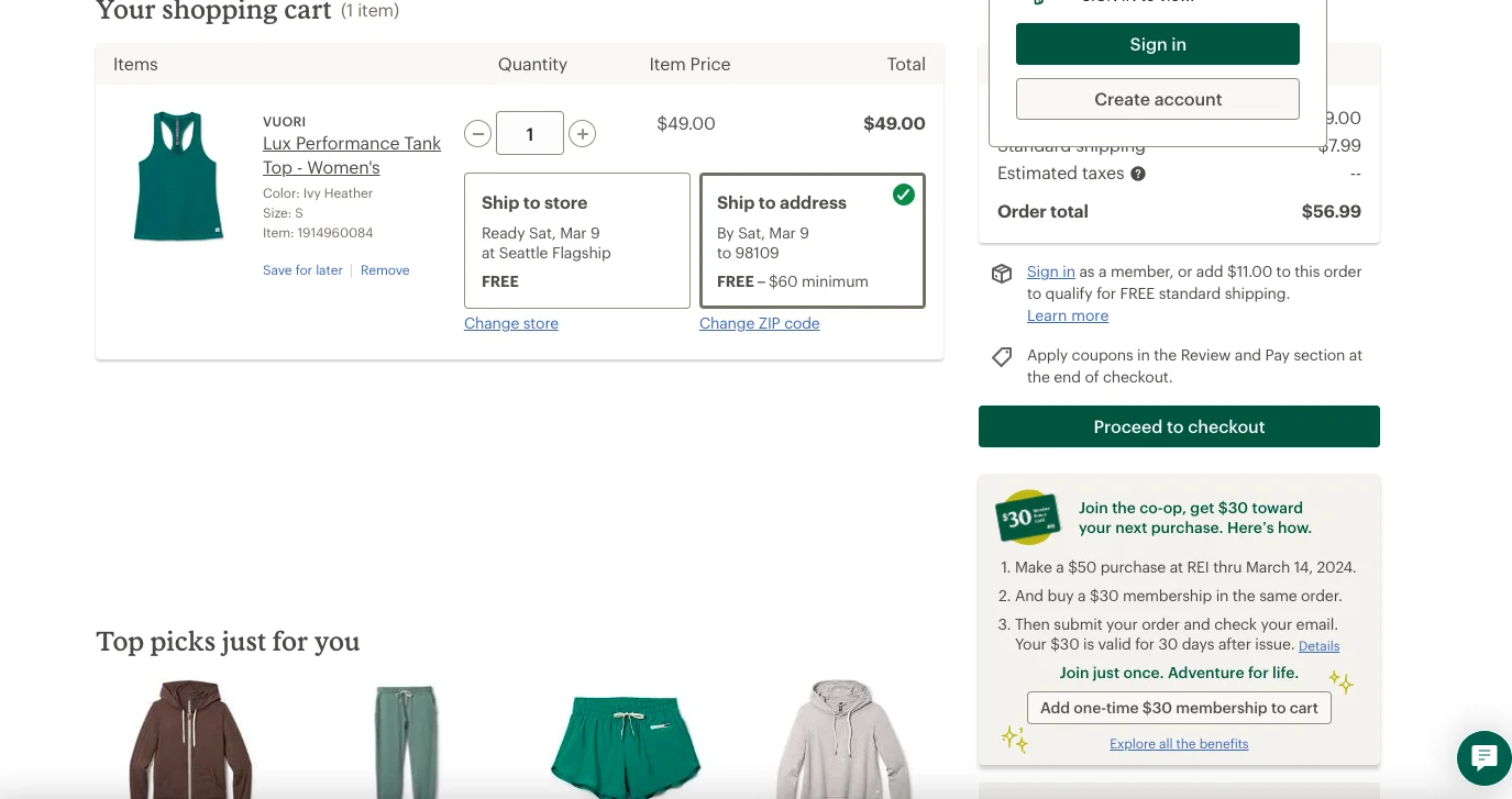 REI features separate cart page to showcase more conversion driving elements