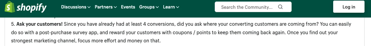 fix a low Shopify conversion rate by featuring a post purchase survey