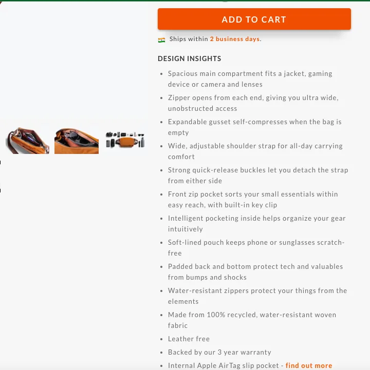 Bellroy product detail page differentiated description
