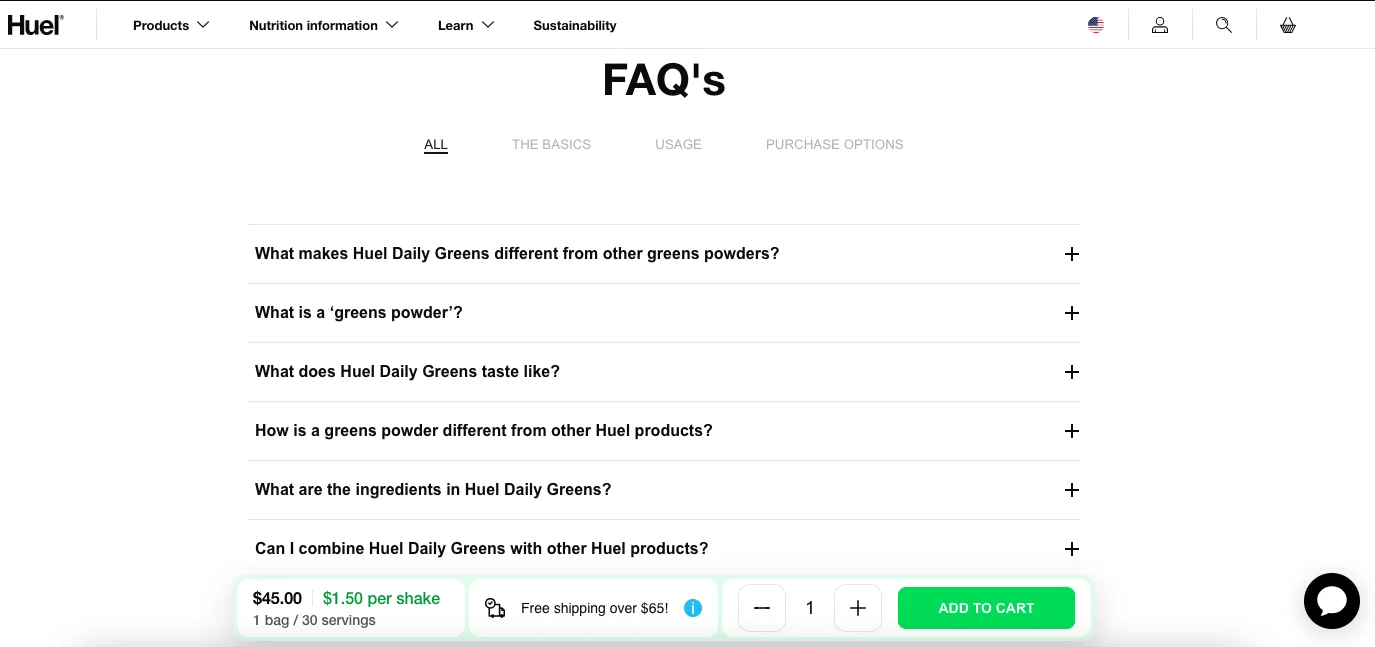 Huel product detail page best practices include a clear FAQ secion