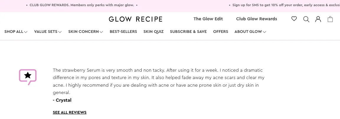 Glow Recipe eCommerce PDP highlights a review snippet