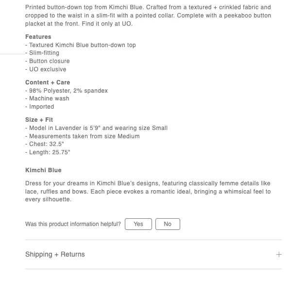 Urban Outfitters product detail page description does not call out benefits