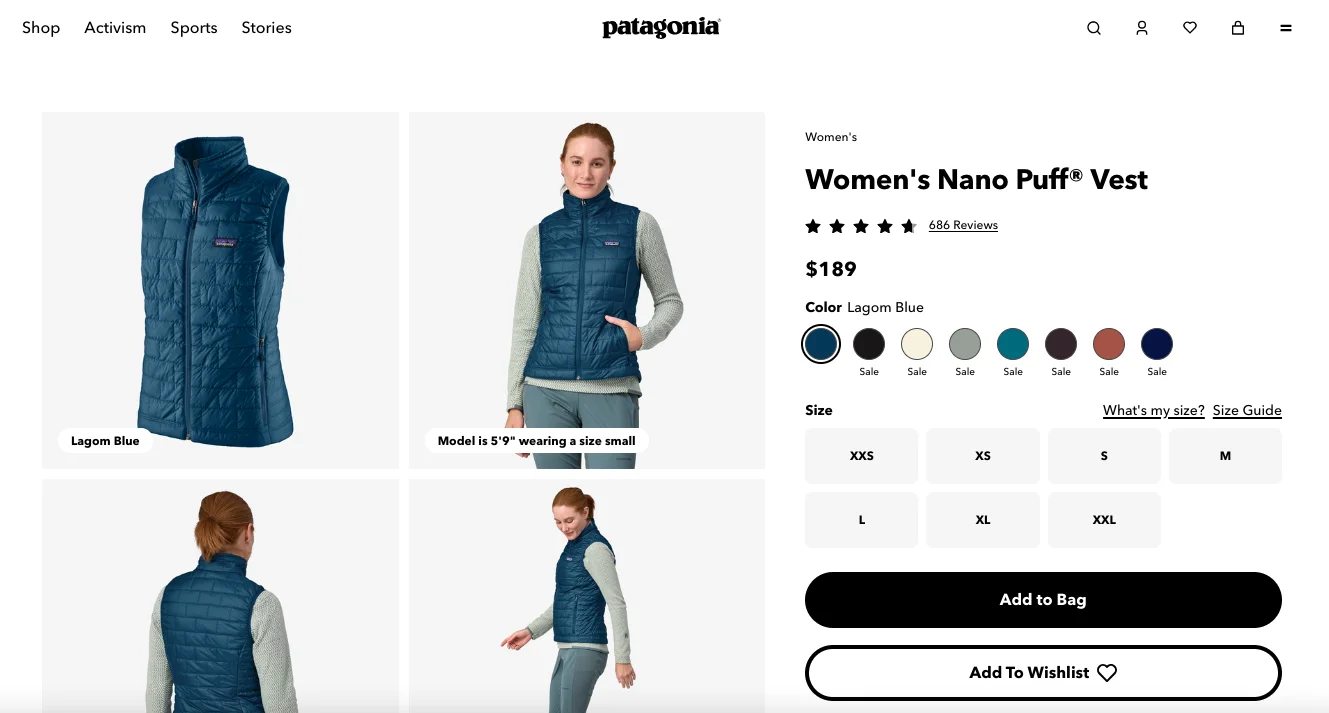 Patagonia product detail page prominent wishisting