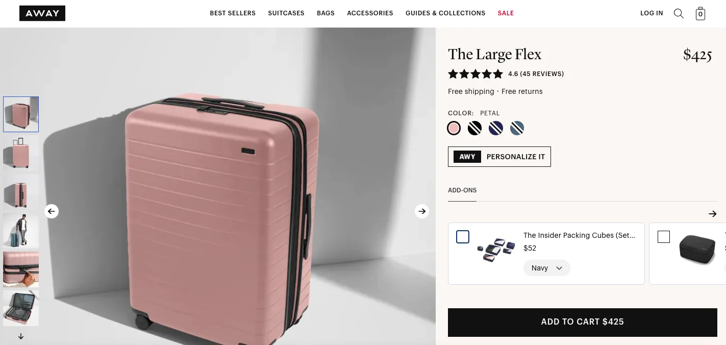 Away product detail page add-ons