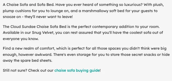 Snug product detail page description contains high intent SEO keywords