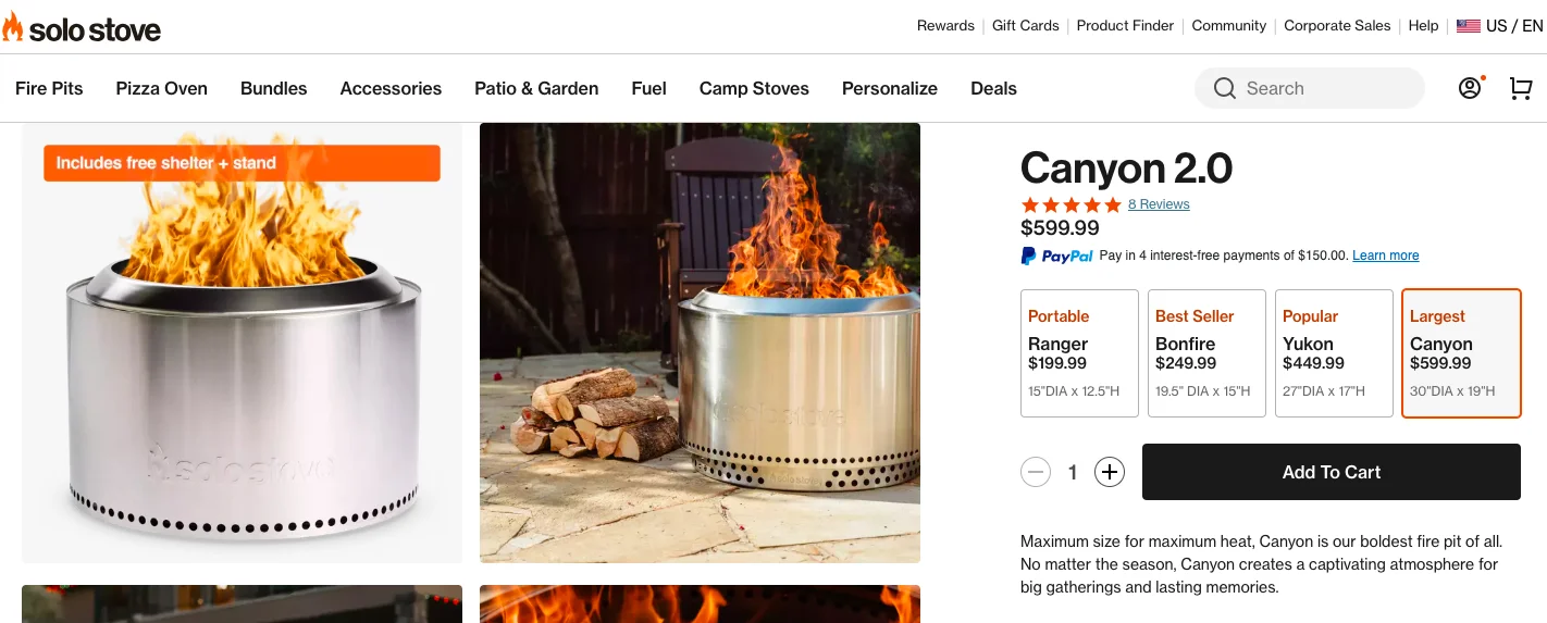 Solo Stove product detail page product variants feature in the first fold
