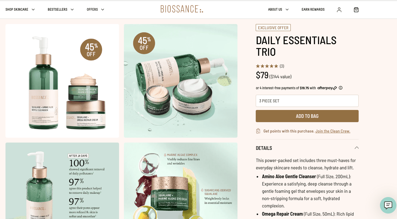 Shopify brand Biossance features season exclusive discounts on upsells