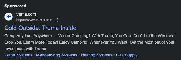 Truma paid traffic ad copy features UVP clearly