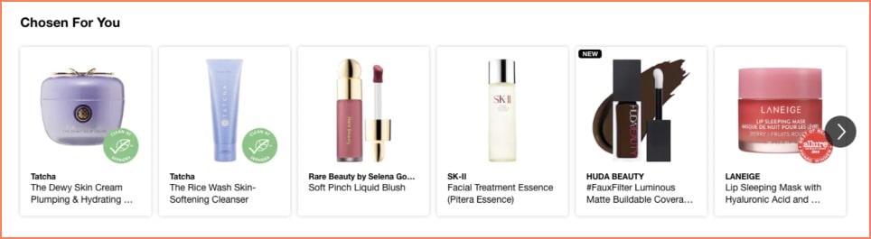 sephora showcases numerous brands across their eCommerce product recommendations